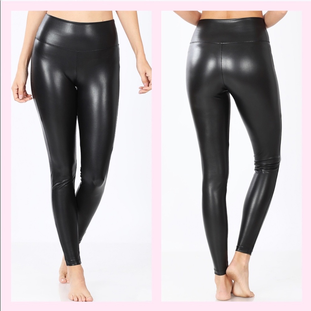 Restocked -Faux Leather Leggings w/Wide Waist Band - Picture 2 of 4